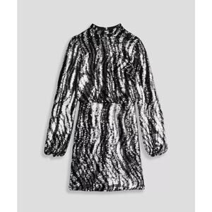 NWT Ted Baker Louu Silver & Black Zebra Sequin Mini Dress Long Sleeve XS